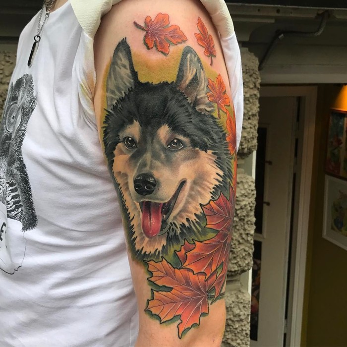 Dog Tattoo with Maple Leafs by Perdi