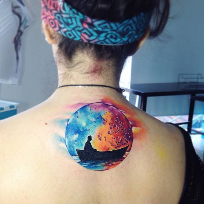 Watercolor Full Moon Tattoo by Adrian Bascur