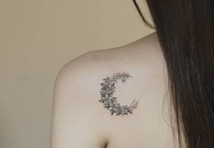 Floral Crescent Moon Tattoo by tattooist_ty