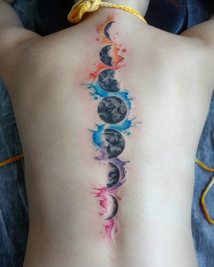 Dotwork and Watercolor Moon Phases Tattoo by jupitertattoo
