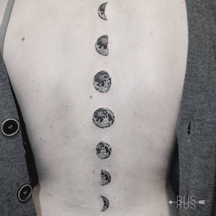 Dotwork Moon Phases Tattoo on Spine by ps.rus