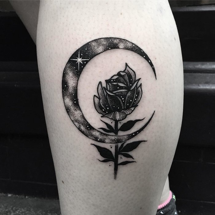 Crescent Moon Tattoo and Rose by Merry Morgan