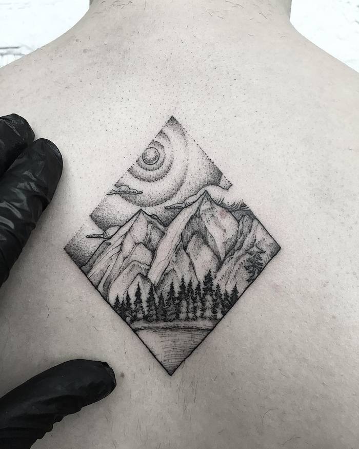 Mountain Tattoo on Back by mgptattoos