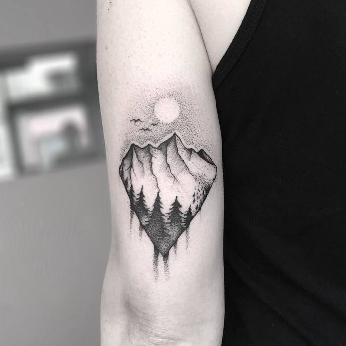 Dotwork Mountain Scenery Tattoo by tomtomtatts