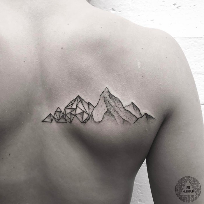 Dotwork and Geometric Mountain Tattoo by Ian Reynold