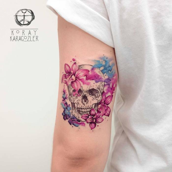 Skull Tattoo and Orchids by koray_karagozler 