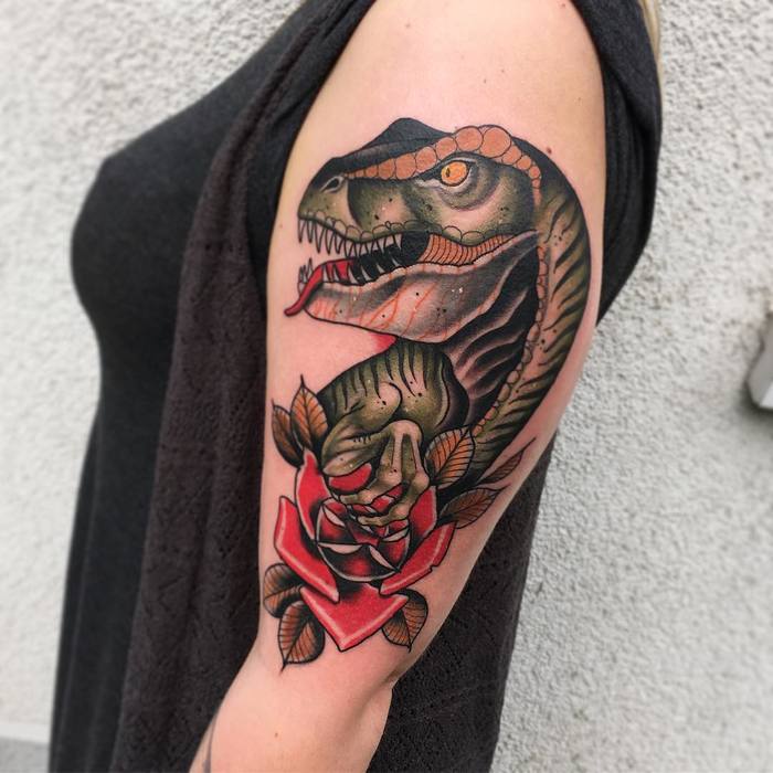 Neotraditional Dinosaur Tattoo and Red Rose by cedric.weber.tattoo