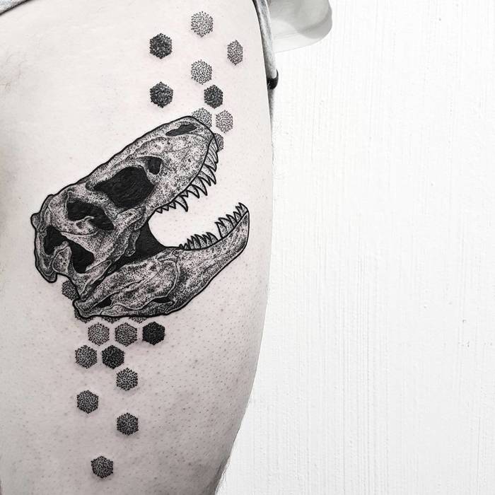 Dotwork T-rex Skull Tattoo by matteonangeroni