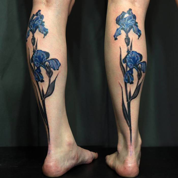 Iris Flower Tattoos on Legs by ovtattoo