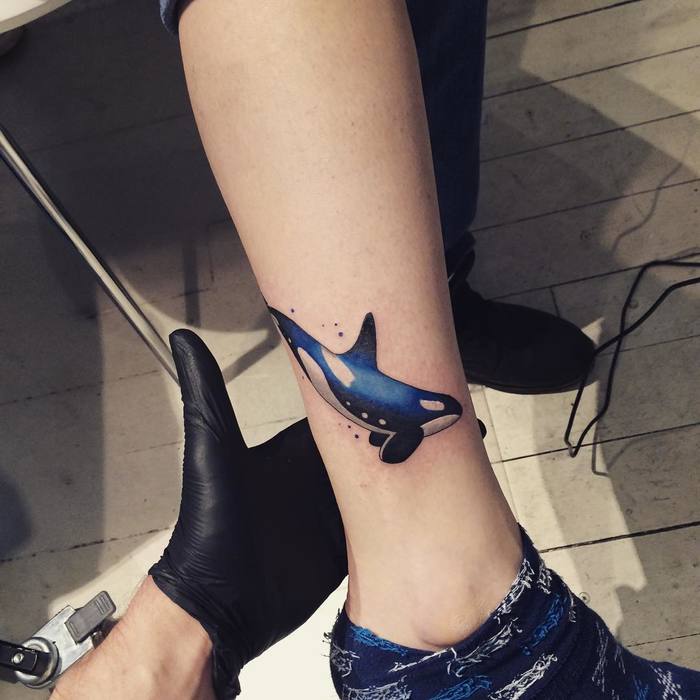 Blue Ink Killer Whale Tattoo by newkidtattooist