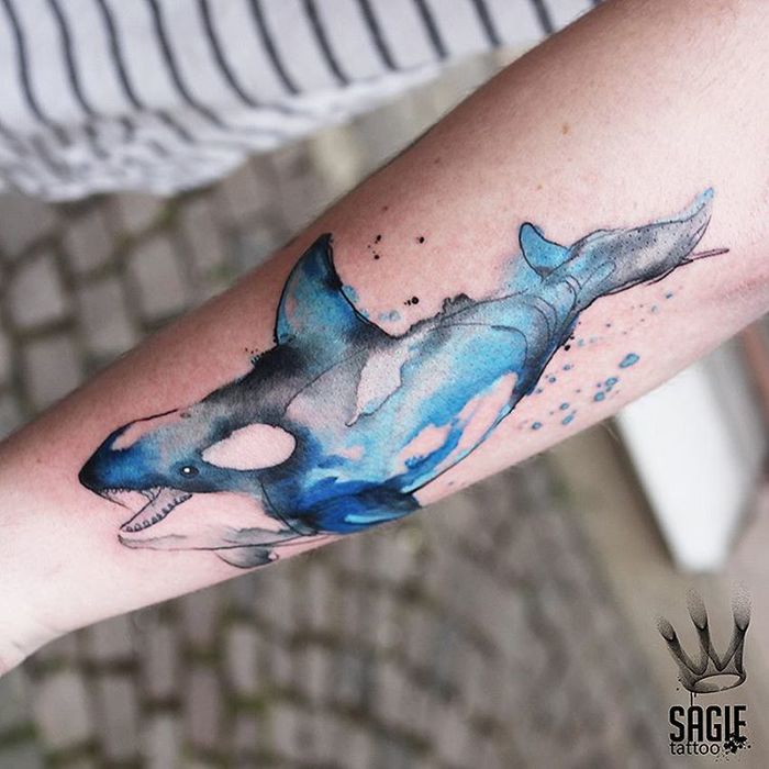 Watercolor Killer Whale Tattoo by sagietattoo