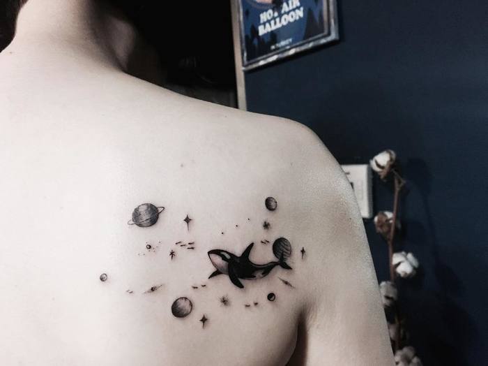 Killer Whale Tattoo and Planets by _park_tae_