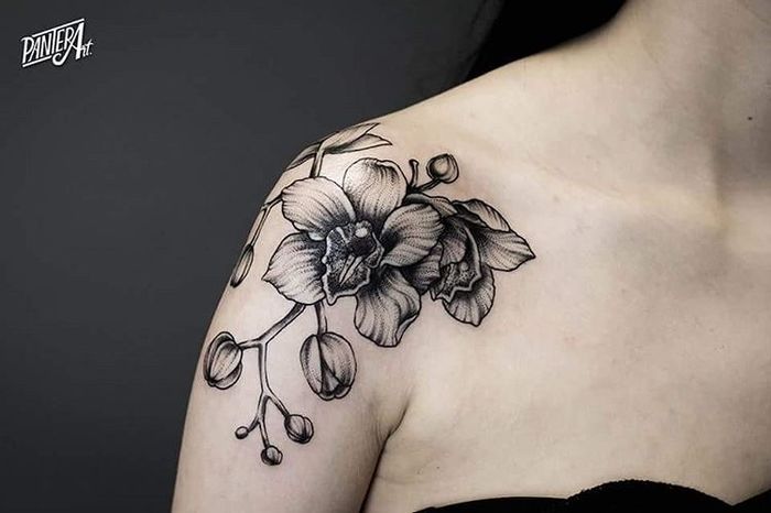 Blackwork Orchid Tattoo by panterart