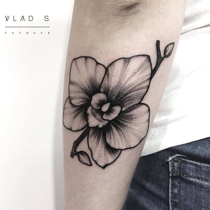 Black Ink Orchid Tattoo by vladtatouer