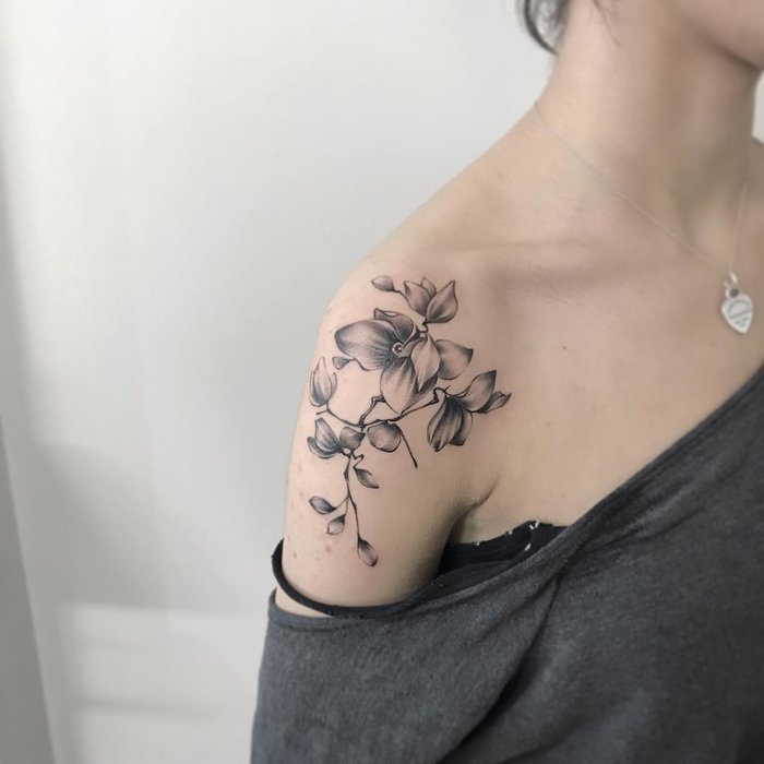 Orchid Tattoo on Shoulder by tk_n_tattoo