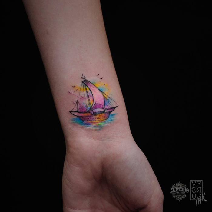 Little Colored Ship Tattoo by versusink