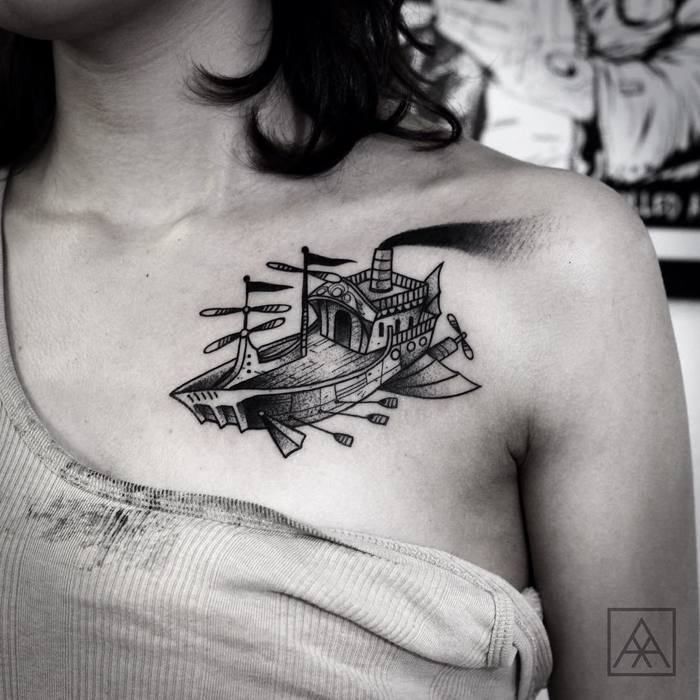 Blackwork Flying Ship Tattoo by maxvorax
