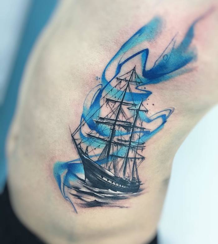 Watercolor Pirate Ship Tattoo by adrianbascur