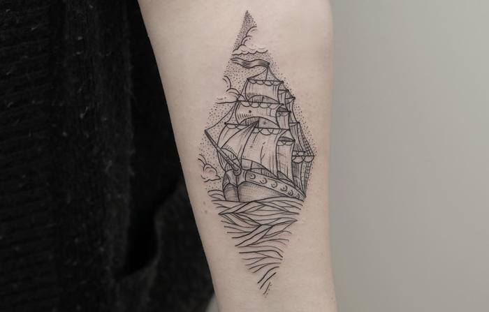 Linework and Dotwork Ship Tattoo by phoebejhunter