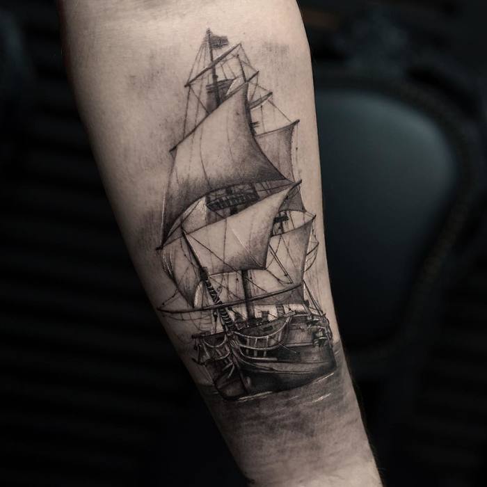 Black and Grey Ship Tattoo by turan.art