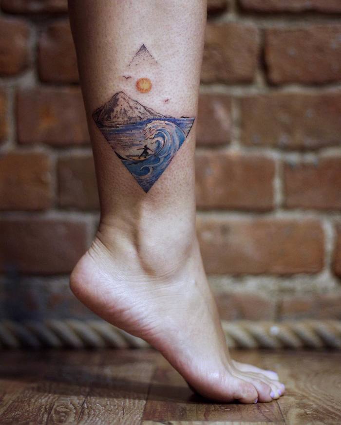 Blue Waves and Landscape Tattoo by oeuvre_ink
