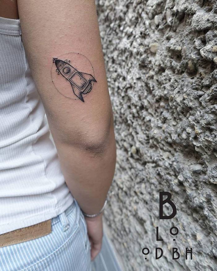 Delicate Single Needle Rocket Tattoo by bloodbhtattoo