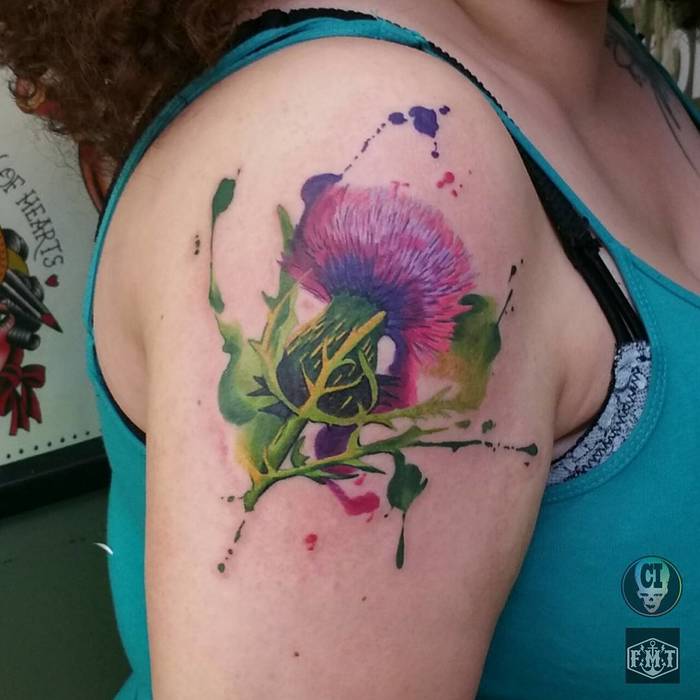 Watercolor Thistle Tattoo by color_impact