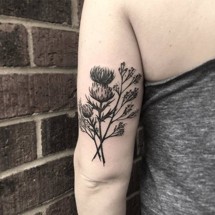 Black Ink Thistle Tattoo by liana_joy