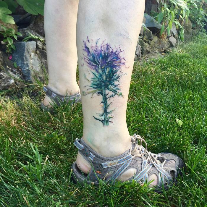 Super Spikey Watercolor Thistle Tattoo by amyemeraldink