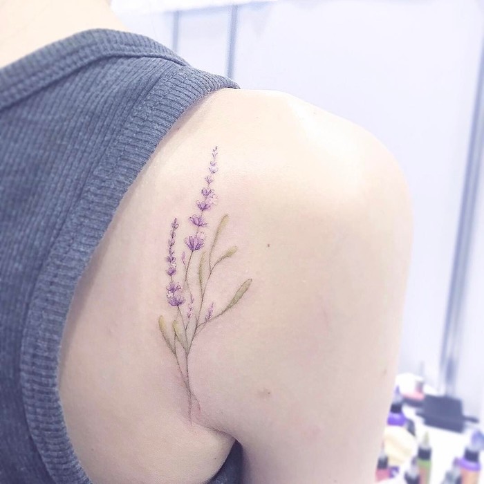 Lavender Tattoo on Back Shoulder