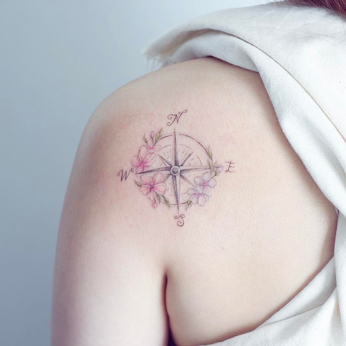 Compass Tattoo and Flowers