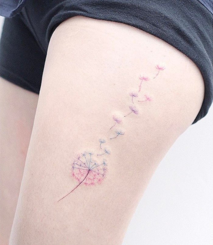 Dainty Dandelion Tattoo on Thigh