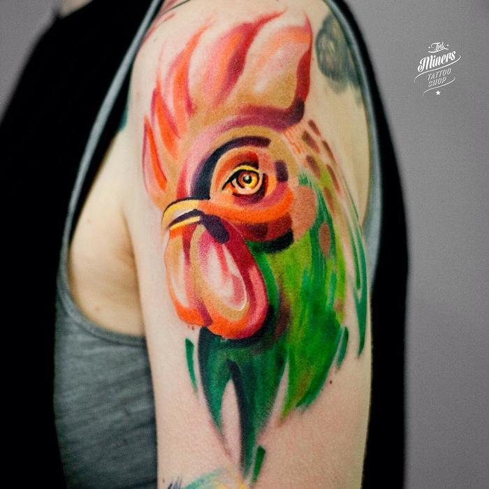 Colored Half Sleeve Rooster Tattoo by magdalena_bujak