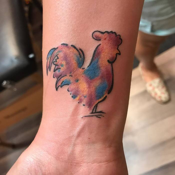 Small Watercolor Rooster Tattoo by aaron_sickboytattoo