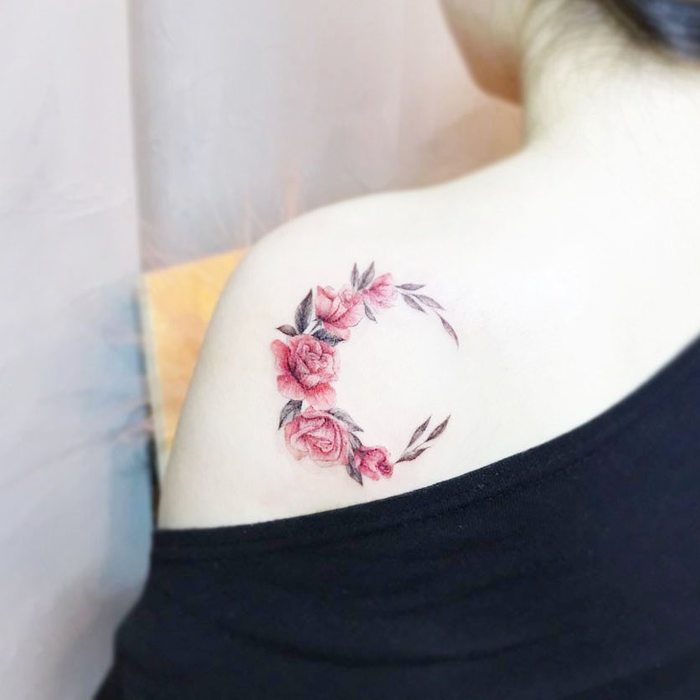Floral Crescent Moon Tattoo by tattooist_karin