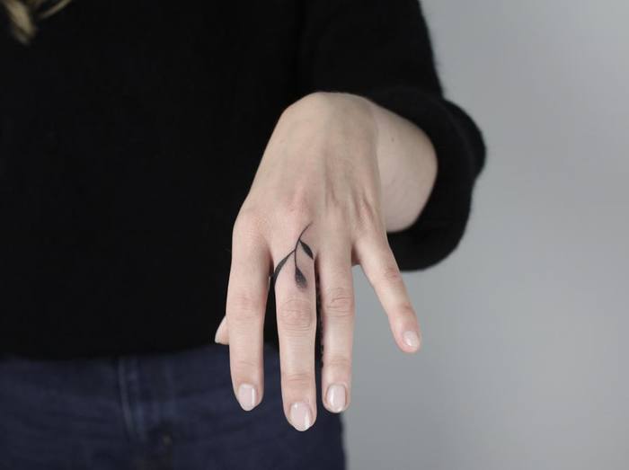 Hand Poked Botanical Tattoo on Finger by laramaju