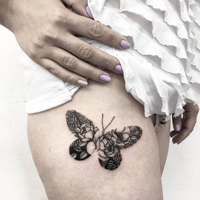 Floral Butterfly Tattoo on Thigh by v.shevchenkottt
