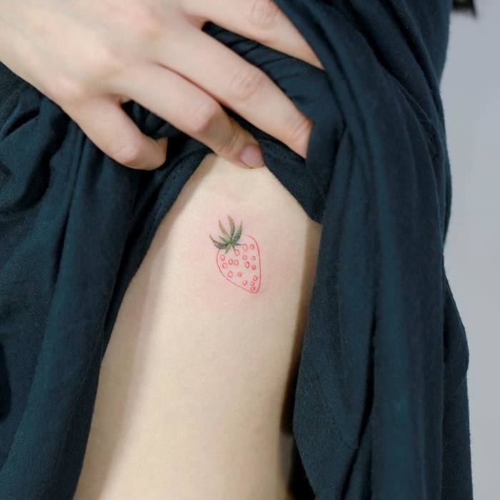 Little Strawberry Tattoo on Thigh by tattooist_doy
