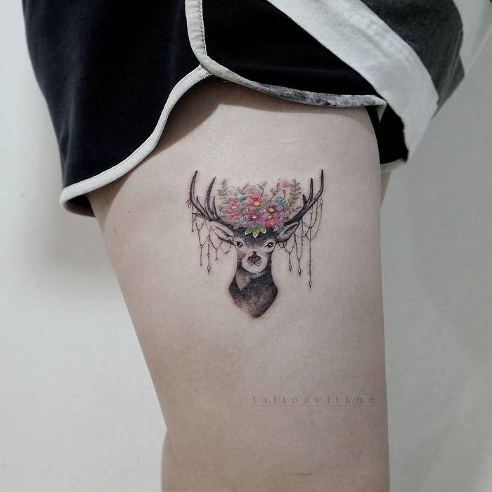 Adorable Deer Tattoo on Thigh by tattoowithme