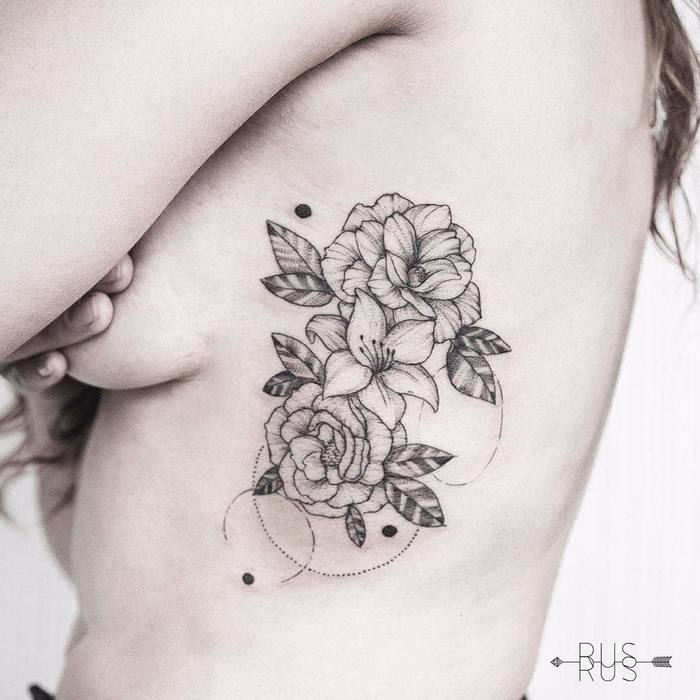 Black and Grey Floral Tattoo on Ribs by ps.rus