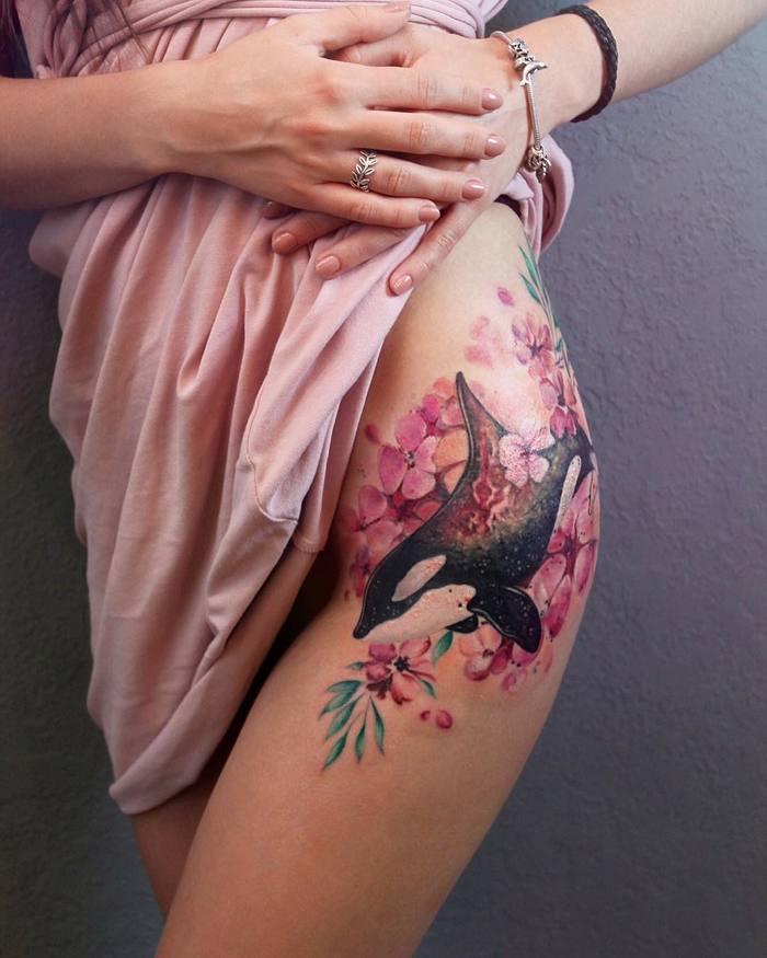 Orca Whale and Pink Flowers Tattoo by yershova_anna