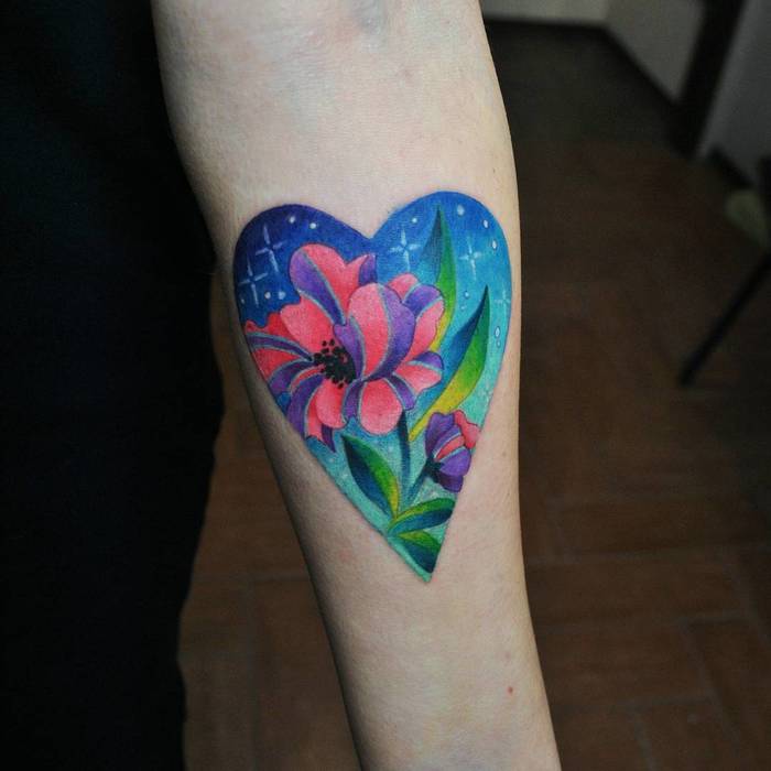 Colored Heart and Flower by valeriatattooing