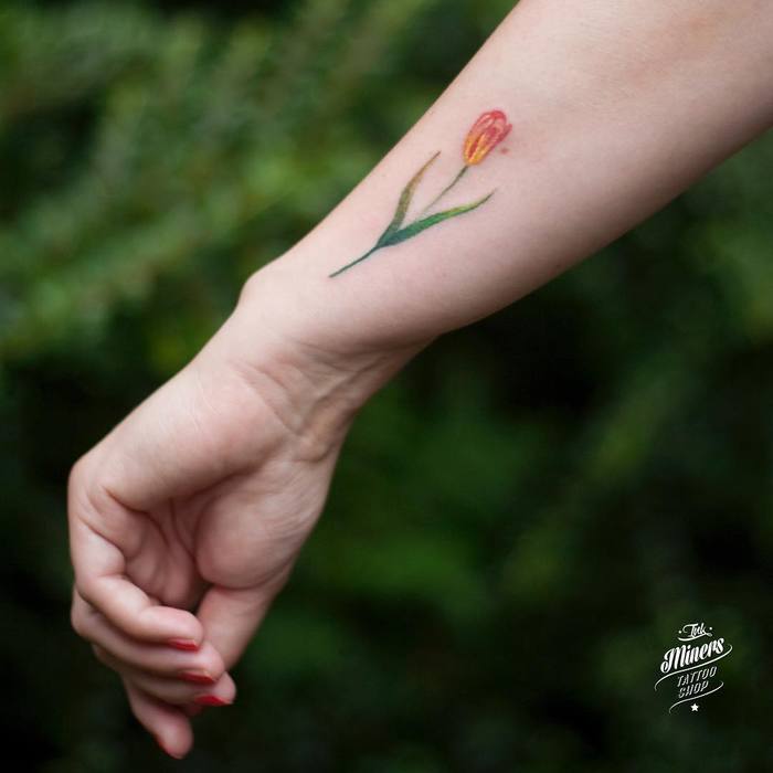 Charming Tulip Tattoo on Forearm by magdalena_bujak