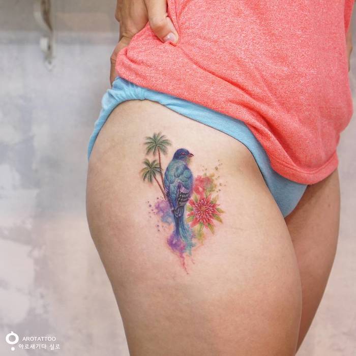 Watercolor Bird with Palm Tree and Flowers by tattooist_silo