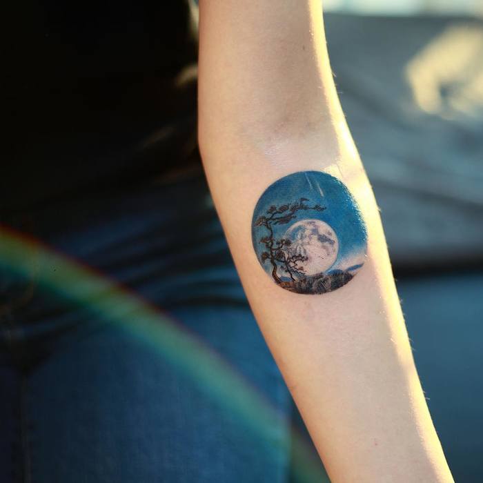 Circular Landscape with Full Moon by woori_tattoo