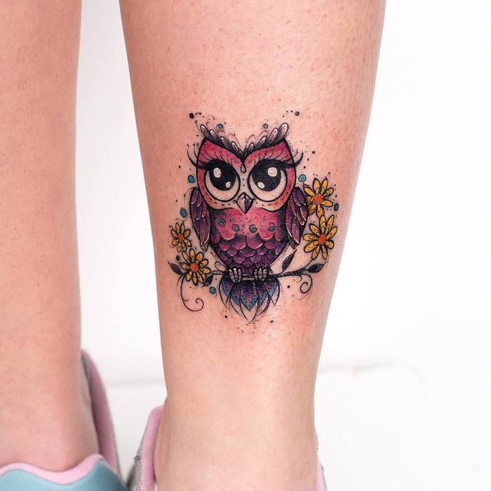 Colored Little Owl Tattoo by robcarvalhoart