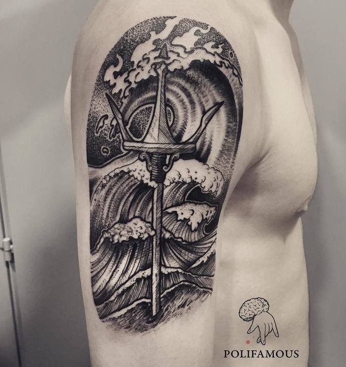 Half Sleeve Trident and Waves by conio_polifamous