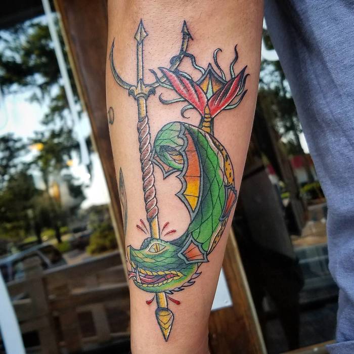 Traditional Sea Serpent and Trident Tattoo by michaeltattooer