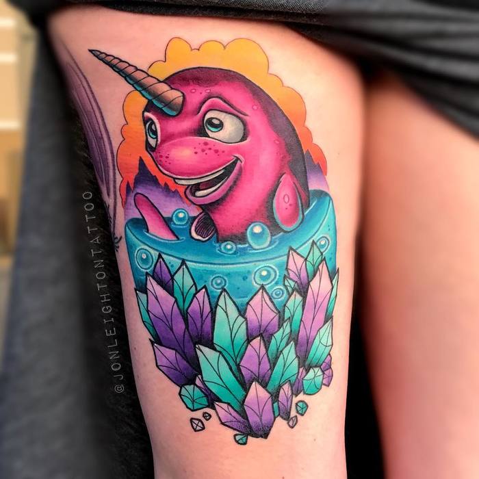 Super Cute and Colorful Narwhal Tattoo by jonleightontattoo