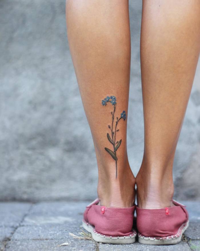 Forget Me Nots Tattoo on Leg by Cindy van Schie